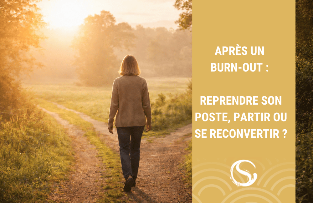 Femme face à plusieurs chemins après un burn-out, entre reprise, départ et reconversion